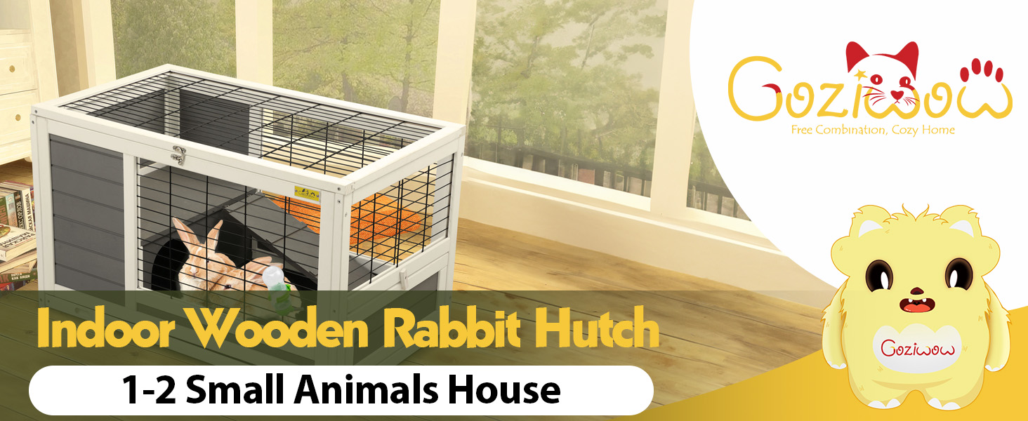 35″L Wooden Indoor Rabbit Hutch Guinea Pigs Cage with Removable Tray, For 1-2 Pets, Gray 1 4