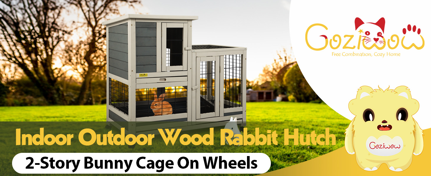 37″L Large Wooden Bunny Hutch with Wheels, for 1-2 Bunnies, Gray 1