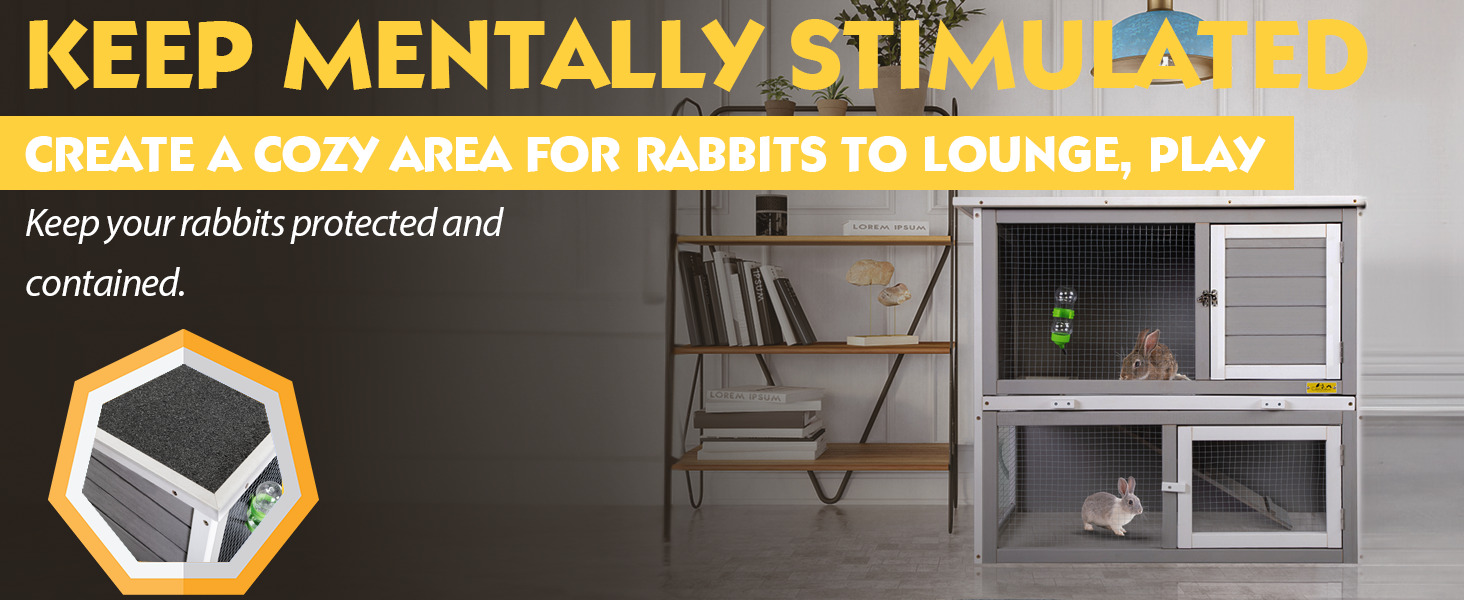 35″L 2-Tier Wood Waterproof Rabbit Hutch, Guinea Pig Cage, Indoor/Outdoor, For 1-2 Small Animals, Gray 5 2