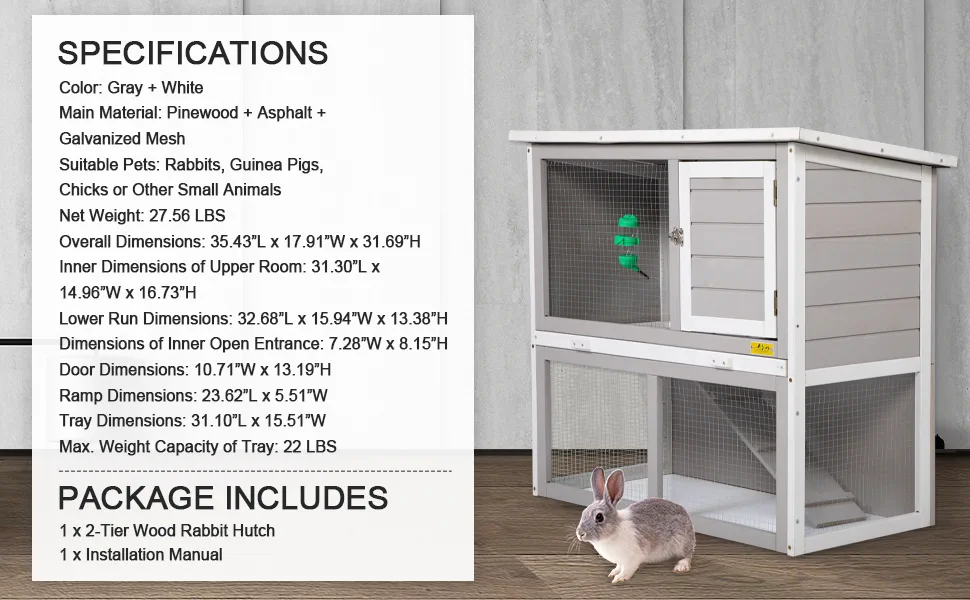 Coziwow 2-Tier Wood Rabbit Hutch Outdoor Bunny Cage For Small Animal Pet With Waterproof Roof, Pull-Out Metal Tray, Gray+White 88463271 d014 4719 a8dc 21d01d8af916. CR00970600 PT0 SX970 V1