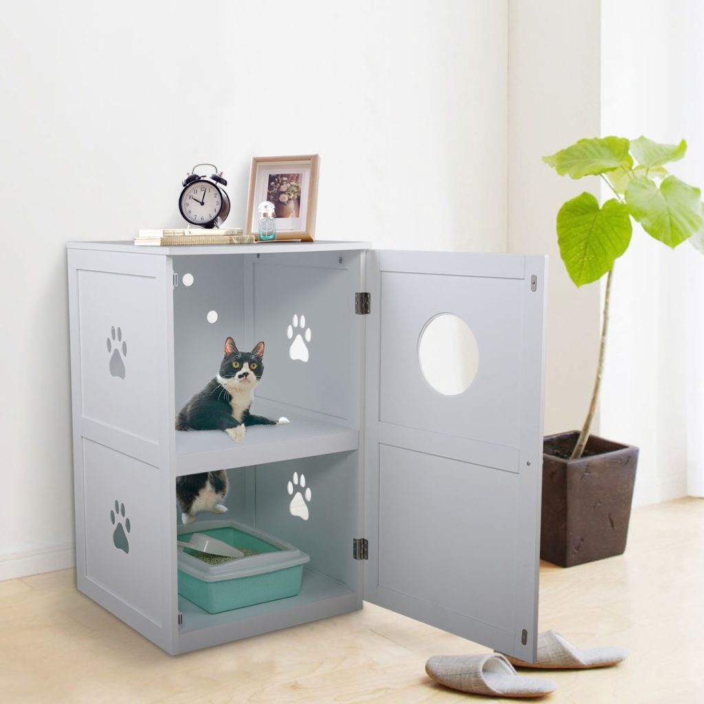 Coziwow 2-Tier Wood Cat Litter Box Cabinet W/ Multiple Vents Openable Door, White CW12F0327 45 2