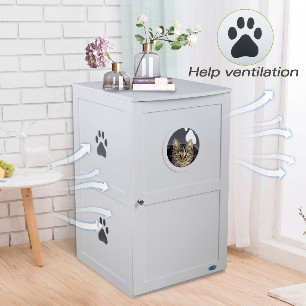 2-Tier Wood Cat House Washroom Litter Box Cover with Openable Door, White CW12F0327 49 1