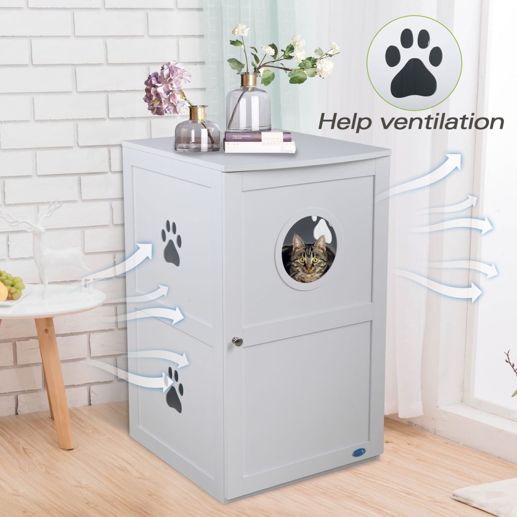 2-Tier Wood Cat Litter Box Cabinet W/ Multiple Vents Openable Door, White CW12F0327 49 1