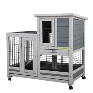 Wooden Rabbit Hutch Small Animal Outdoor Pen with 4 Casters, Cleaning Trays and Run CW12F0417 7 Rabbit Hutch