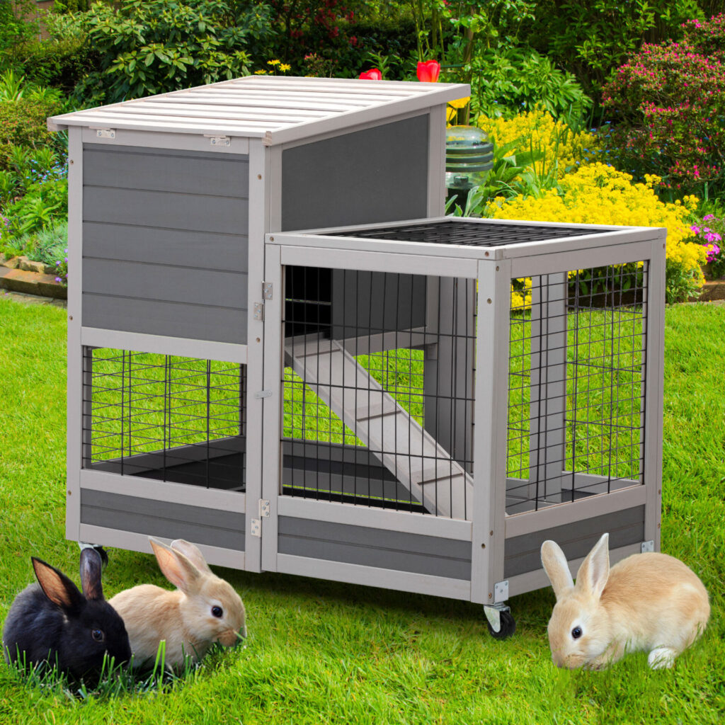 Coziwow 37″L Wooden Rabbit Hutch, Large Bunny Cage with Wheels, for 1-2 Bunnies, Gray CW12F0417 cj2 1