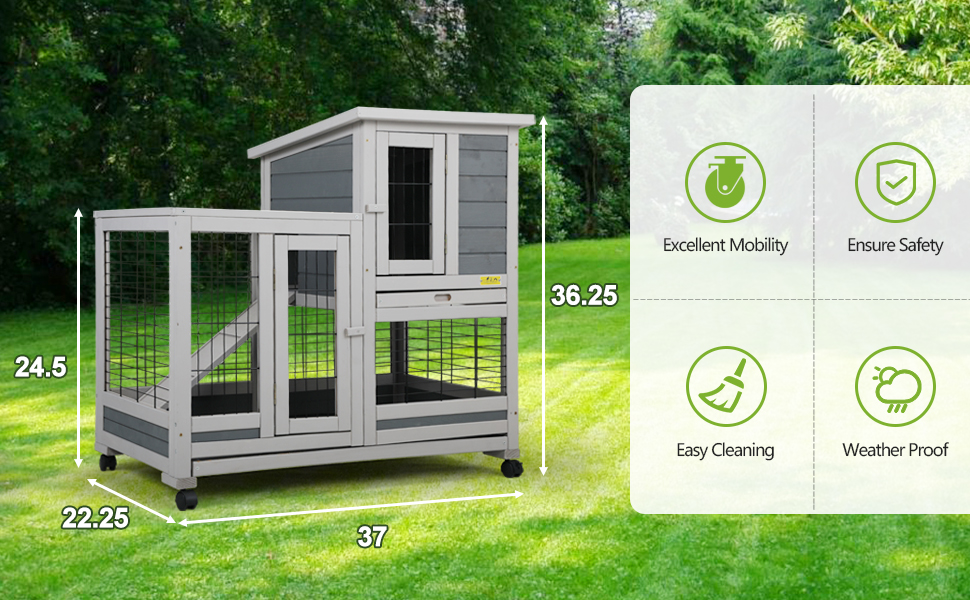 Coziwow 37″L Wooden Rabbit Hutch, Large Bunny Cage with Wheels, for 1-2 Bunnies, Gray CW12F0417ASid970X6002