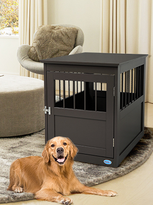 Coziwow Luxury Wooden Dog Crate Furniture End Table with Door, Portable Small Dog House Indoor Use, with Waterproof Brown Lacquer Finish CW12G0328A300X400Sid1