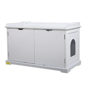 Cat Washroom Storage Bench Enclosed Litter Box Hidden Cabinet Nightstand Table, White CW12H0329 3 Cat Litter