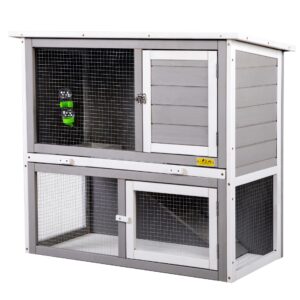 35″L 2-Tier Wood Waterproof Rabbit Hutch, Guinea Pig Cage, Indoor/Outdoor, For 1-2 Small Animals, Gray CW12H0437u¿11u⌐ Rabbit Hutch