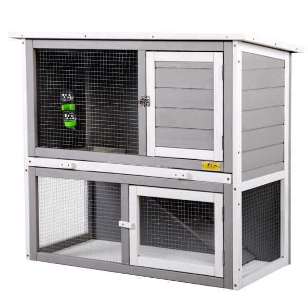Coziwow 2-Tier Wood Rabbit Hutch Outdoor Bunny Cage For Small Animal Pet With Waterproof Roof, Pull-Out Metal Tray, Gray+White CW12H0437u¿11u⌐