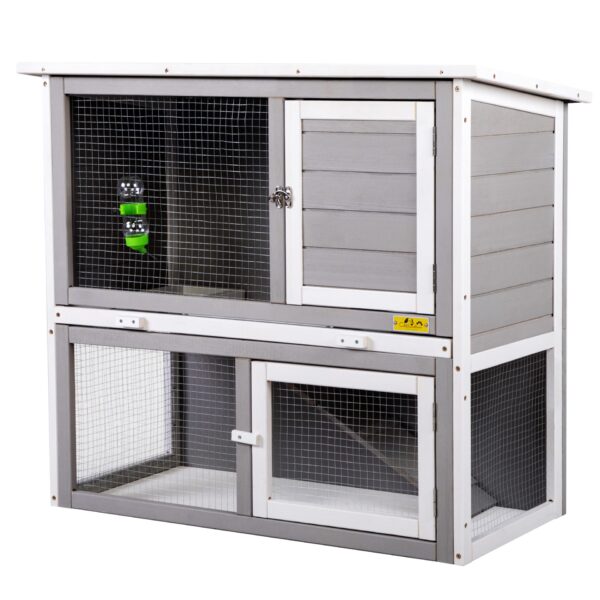 35″L 2-Tier Wood Waterproof Rabbit Hutch, Guinea Pig Cage, Indoor/Outdoor, For 1-2 Small Animals, Gray CW12H0437u¿11u⌐