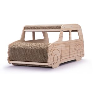 2-in-1 Wood Cat Scratcher Pad Corrugated Scratch House, Car-Shaped, Natural Wood CW12M0494 5