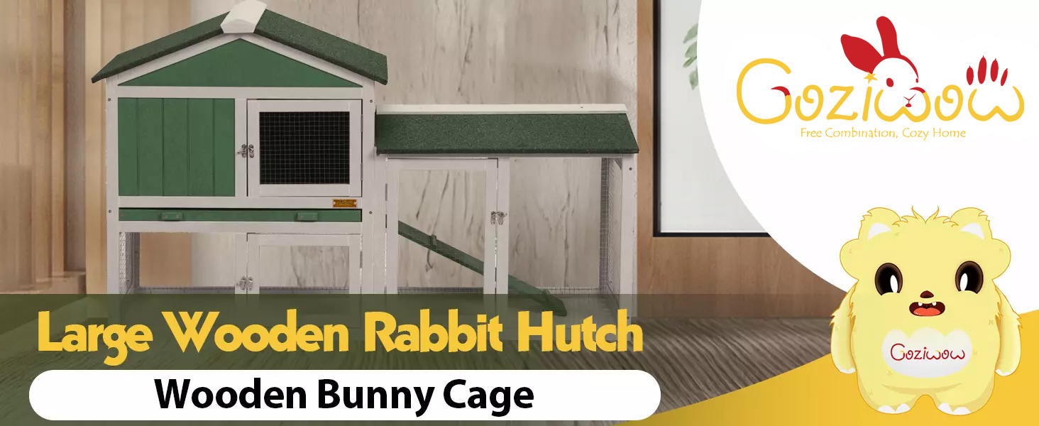 58″L 2-Tier Wooden Large Bunny Cage with Asphalt Roof, for 2-3 Bunnies, Green+White CW12S03361
