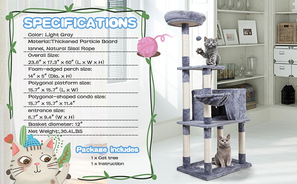 Coziwow 58" 4-Tier Cat Climbing Tree Tower Condo, Multi-Level Activity House Kitty Play Tower with Scratching Posts, Light Gray dd945bcb b4a7 471a 9d0c d6620cece829. CR00970600 PT0 SX970 V1
