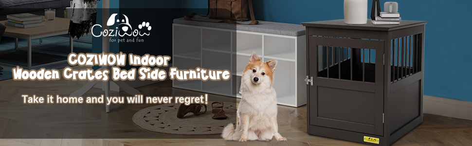 Coziwow Luxury Wooden Dog Crate Furniture End Table with Door, Portable Small Dog House Indoor Use, with Waterproof Brown Lacquer Finish