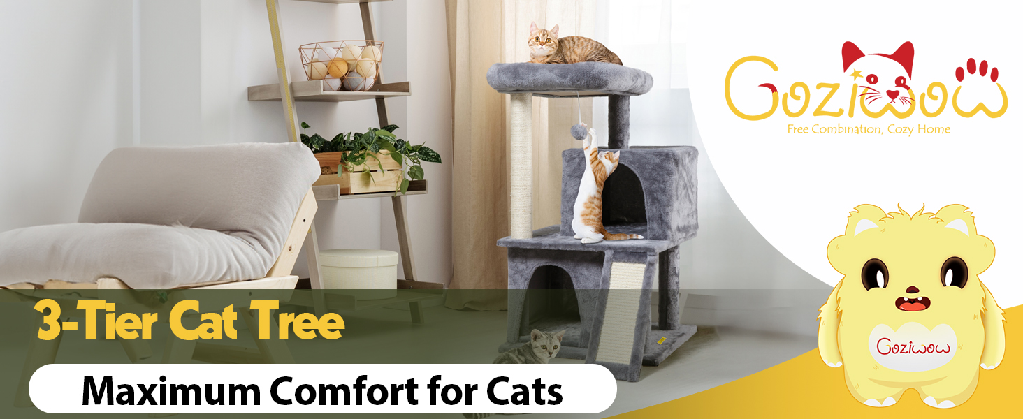 Coziwow 34" Cat Scratching Tree and Tower with Two Perches, Light Gray 画板 1 1