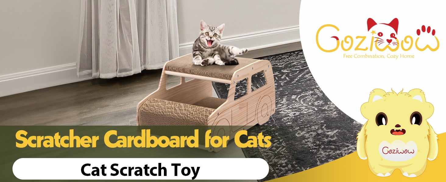 Coziwow 2-in-1 Wood Cat Scratcher Pad Corrugated Scratch House, Car-Shaped, Natural Wood 画板 1 2