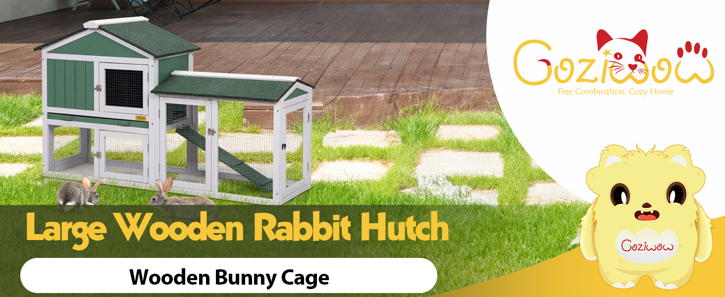 58″L 2-Tier Wooden Large Bunny Cage with Asphalt Roof, for 2-3 Bunnies, Green+White 1 4