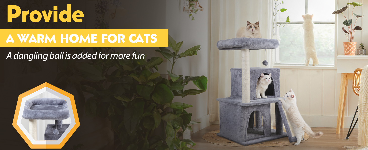 Coziwow 34" Cat Scratching Tree and Tower with Two Perches, Light Gray 画板 1 拷贝 4 1