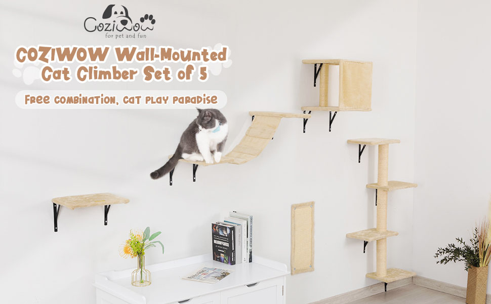 Coziwow 5 Pcs Wood Wall-Mounted Cat Tree Climber Set with Cat Perches, Ladder, Cat Condo House, and Scratching Board 0cd45959 cf25 45d3 94a5 4b1effa210a8. CR00970600 PT0 SX970 V1