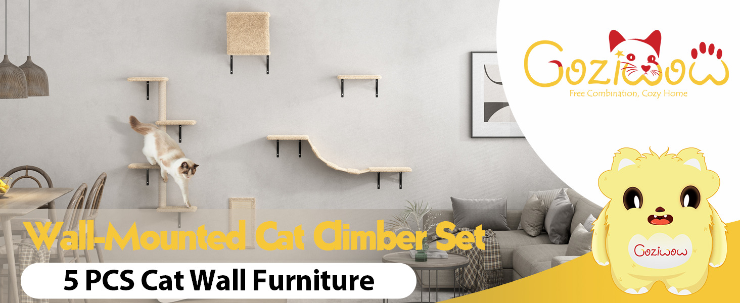 Coziwow Cat Tree Climber Shelves, 5 Pcs Wood Wall-Mounted Cat Climber Set, Beige 1 1