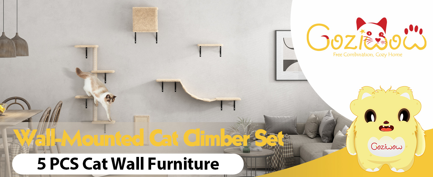 Cat Tree Climber Shelves, 5 Pcs Wood Wall-Mounted Cat Climber Set, Beige 1 1