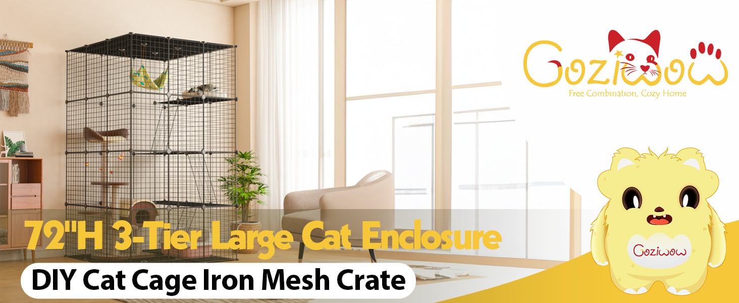 72"H Large Indoor Cat Enclosures, Indoor DIY Cat Cage Iron Mesh Crate with 3 Platforms, for 1-2 Cats, Black 1 2