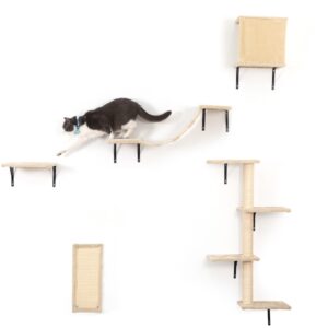 Coziwow 5 Pcs Wood Wall-Mounted Cat Tree Climber Set with Cat Perches, Ladder, Cat Condo House, and Scratching Board CW12E0506 9 Cat Trees