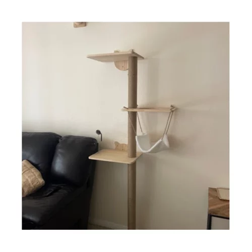 69"H 4-Tier Wooden Wall Mounted Cat Tree Climber with Toy Mouse, Burlywood photo review