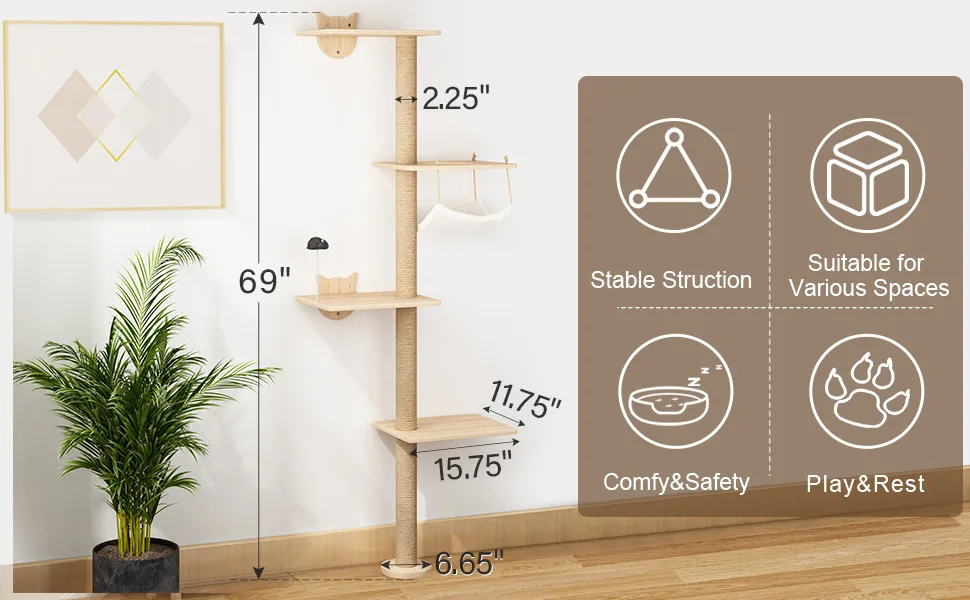 69"H 4-Tier Wooden Wall Mounted Cat Tree Climber with Toy Mouse, Burlywood 3c5bccff 36bf 4637 ae81 62d94239f02c. CR00970600 PT0 SX970 V1