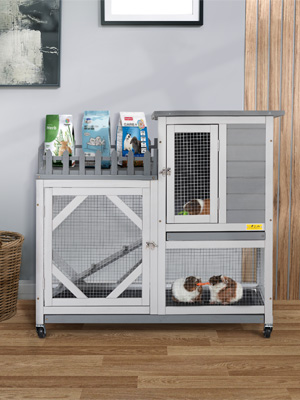 Coziwow 38"L Large 3-Story Wood Rabbit Bunny Hutch On Wheels, Gray