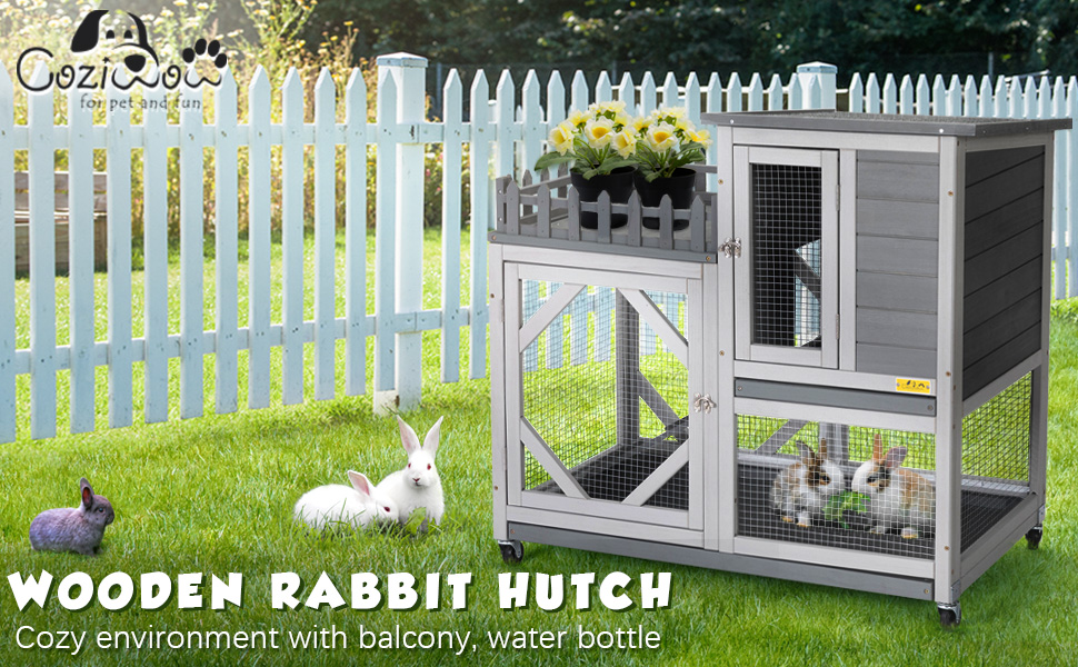 Coziwow 38"L Large 3-Story Wood Rabbit Bunny Hutch On Wheels, Gray