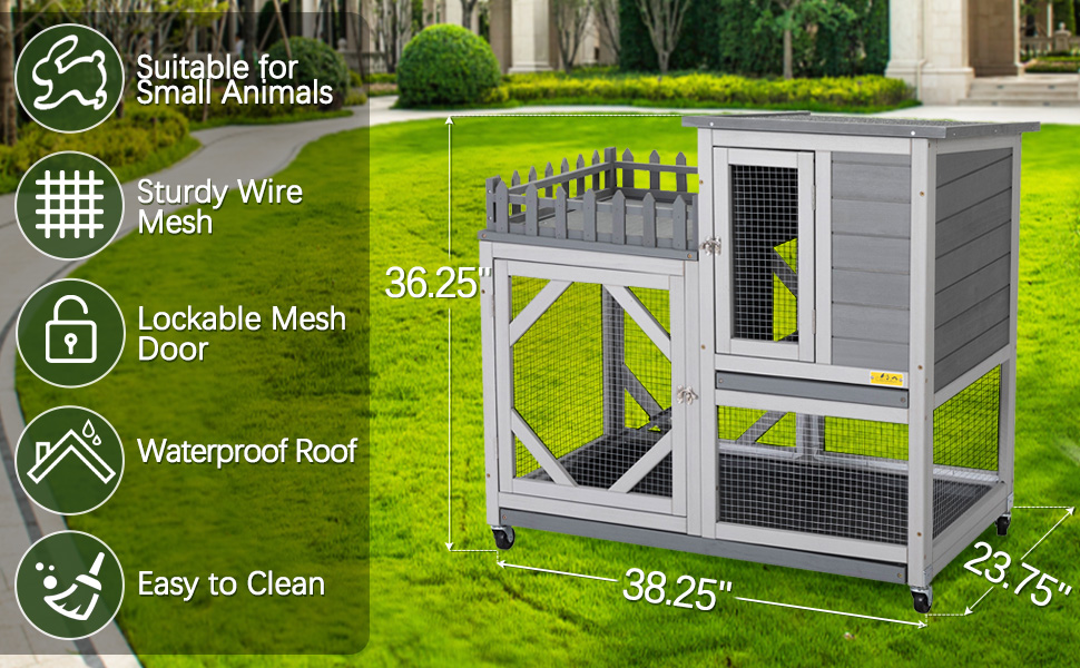 Coziwow 38"L Large 3-Story Wood Rabbit Bunny Hutch On Wheels, Gray