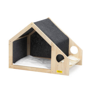 Coziwow Indoor Wooden Dog House with 2 Plastic Dog Bowls and Loop-Pile Bed Pad, Natural Oak Pet House, For Small to Large Size CW12G0526 2 dog house