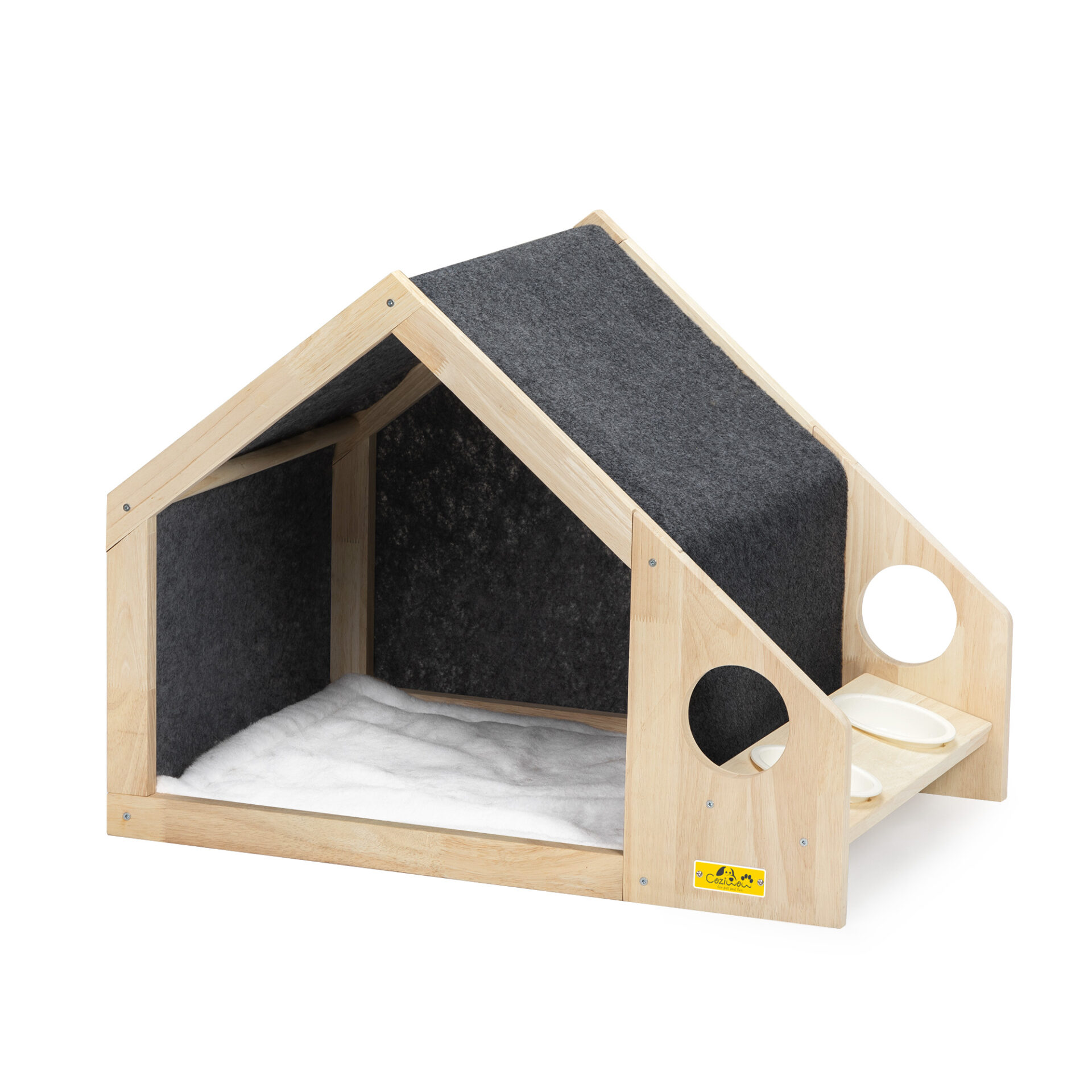Coziwow Indoor Wooden Dog House with 2 Plastic Dog Bowls and Loop-Pile Bed Pad, Natural Oak Pet House, For Small to Large Size CW12G0526 2
