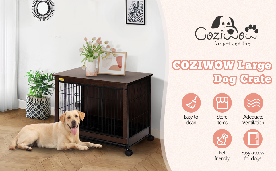 Coziwow 2 In 1 Pet Furniture Large Dog Crate End Table With Removable Plastic Tray, 4 Universal Casters, Puppy-Friendly Wire Mesh Pet House (Large) CW12K0510AYana970X6001