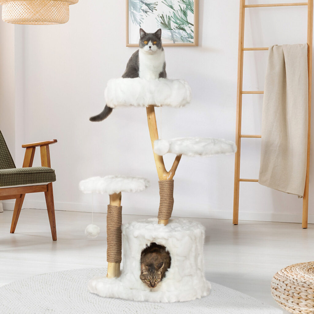 42"H Wood Cat Tree Climber Shelves, Natural Branch Cat Tower with Condo, White CW12K0528 cj2