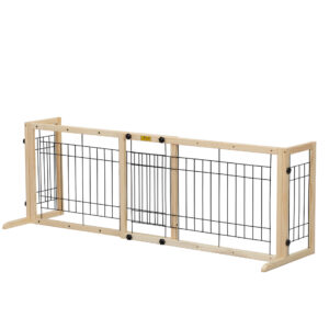 Coziwow Adjustable Freestanding Indoor Dog Gate, Width 38″ To 71″, Pinewood Safety Dog Fence with Five Lengths Available, Beige White