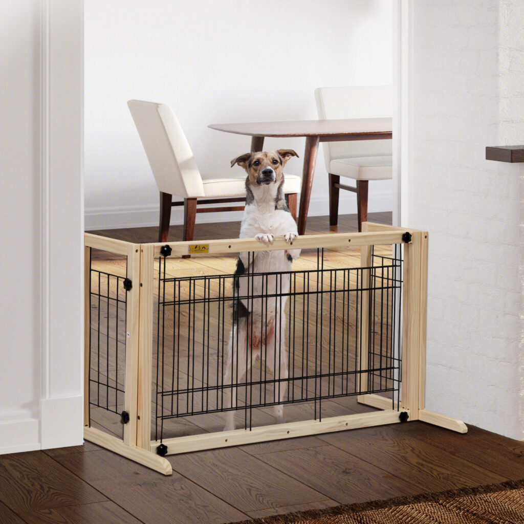 Coziwow Adjustable Freestanding Indoor Dog Gate, Width 38″ To 71″, Pinewood Safety Dog Fence with Five Lengths Available, Beige White CW12L0529 cj3