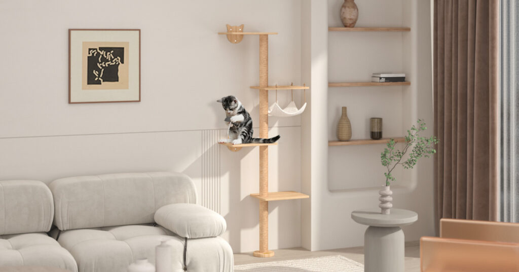 69"H 4-Tier Wooden Wall Mounted Cat Tree Climber with Toy Mouse, Burlywood CW12P0514 CJ02 1200x628 1