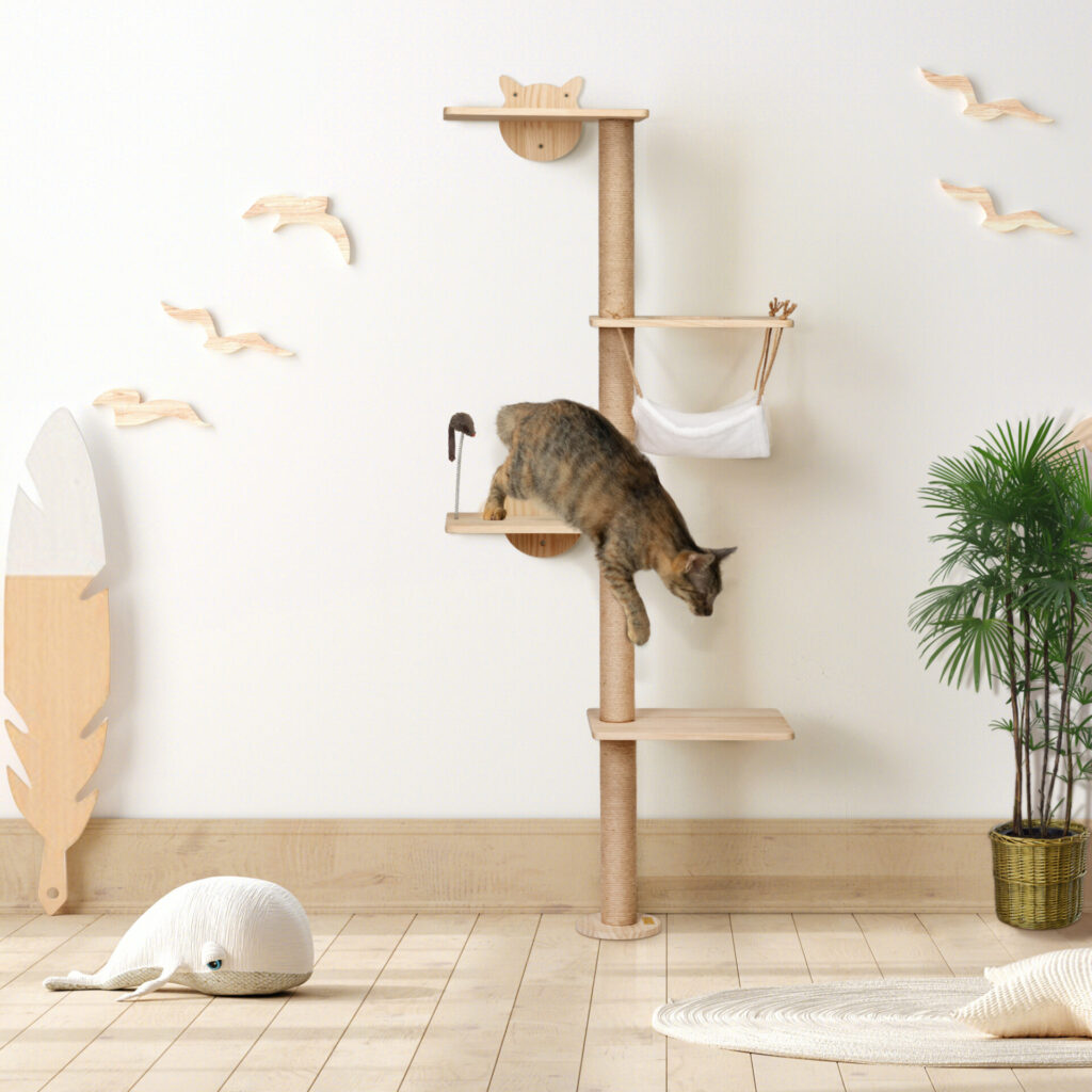 Coziwow 69"H 4-Tier Wooden Wall Mounted Cat Scratching Tree with Jute Rope, Hammock, Toy Mouse and Scratching Mat, Natural CW12P0514 cj2