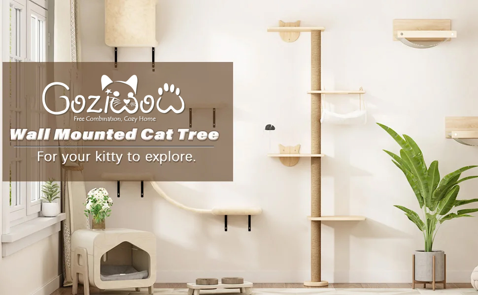 69"H 4-Tier Wooden Wall Mounted Cat Tree Climber with Toy Mouse, Burlywood CW12P0514 Cat Trees