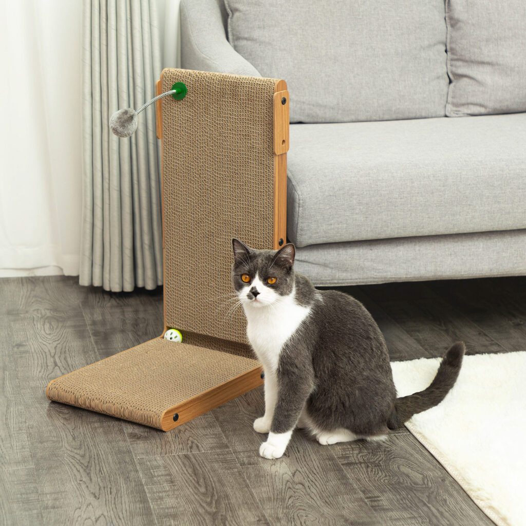 Coziwow 23.5"H Indoor L-Shaped Cat Scratcher Pad with Bell Ball and Free Spring Toy, Suitable All Size Cats, Walnut CW12R0515 sp1