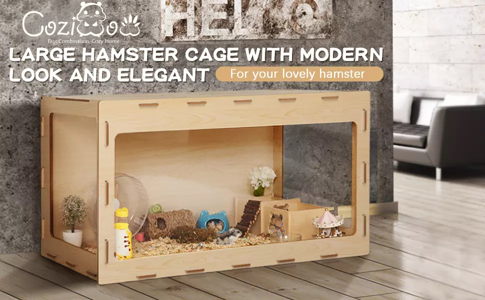 Modern Large Cute Hamster Cage, Small Animal Enclosure, Natural Wood CW12S0462