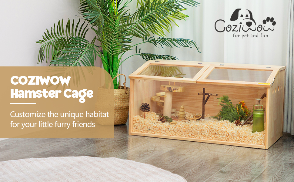 Coziwow Wood Hamster Cage Stand Small Animal Unique Habitat with Detachable Acrylic Panels, Openable Roof and Spacious Space for DIY CW12S0516ARyan970X6001