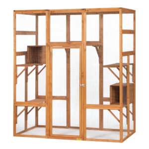 Coziwow Wood Large Outdoor Cat Enclosures Pet House with Solar Top Panel, Jumping Platforms and Resting Box, Orange