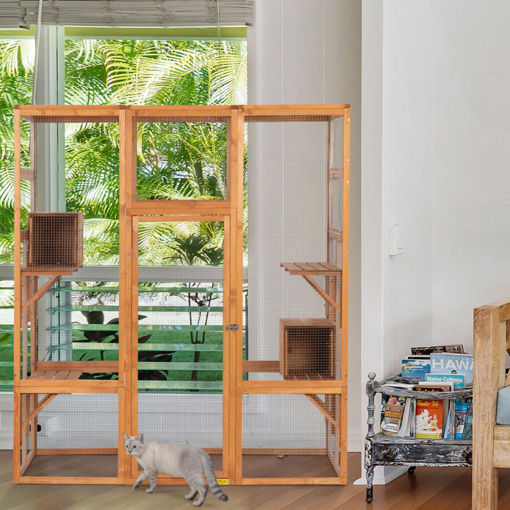 70"H Extra Large Wood Cat Enclosure| Walk-in Cat Playpen With Jumping Platforms, for 4 Cats, Orange CW12T0499 cj2