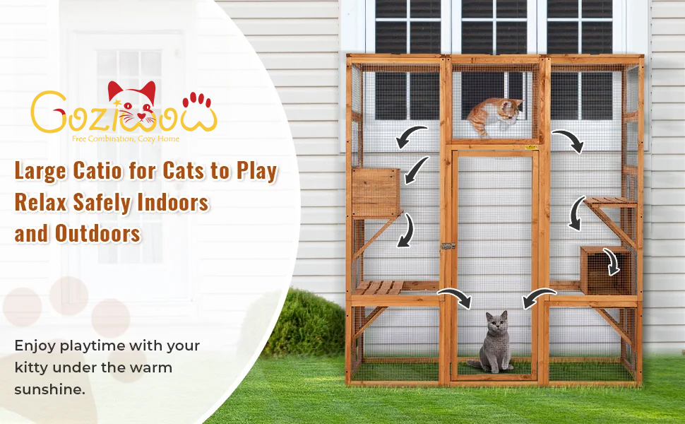 70"H Extra Large Wood Cat Enclosure| Walk-in Cat Playpen With Jumping Platforms, for 4 Cats, Orange CW12T0499