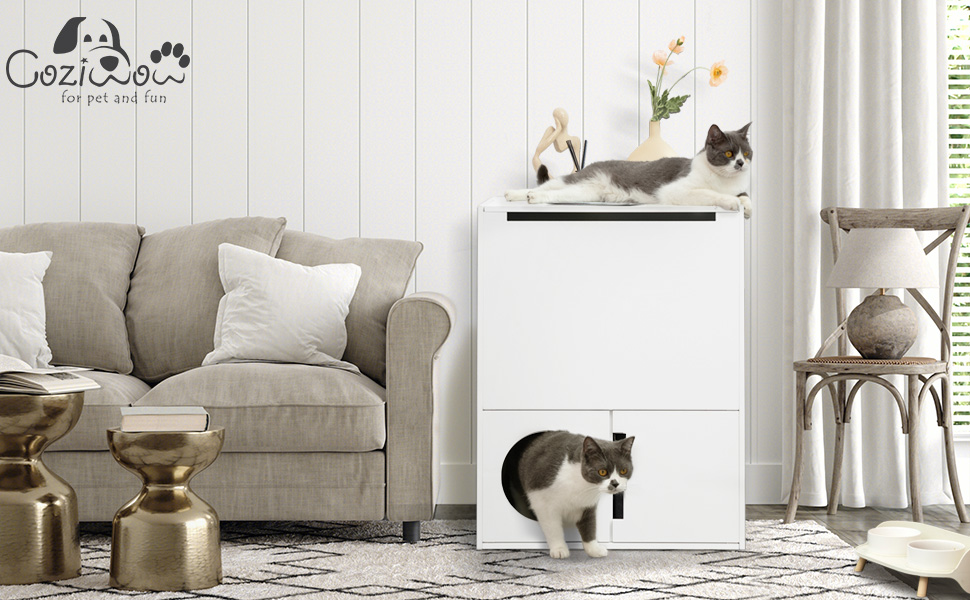 Coziwow Modern 2-Tier Multifunctional Cat Litter Box Enclosure with 2 Paw-Shaped Cut-Outs, White