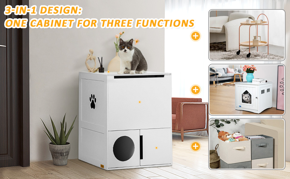 Coziwow Modern 2-Tier Multifunctional Cat Litter Box Enclosure with 2 Paw-Shaped Cut-Outs, White